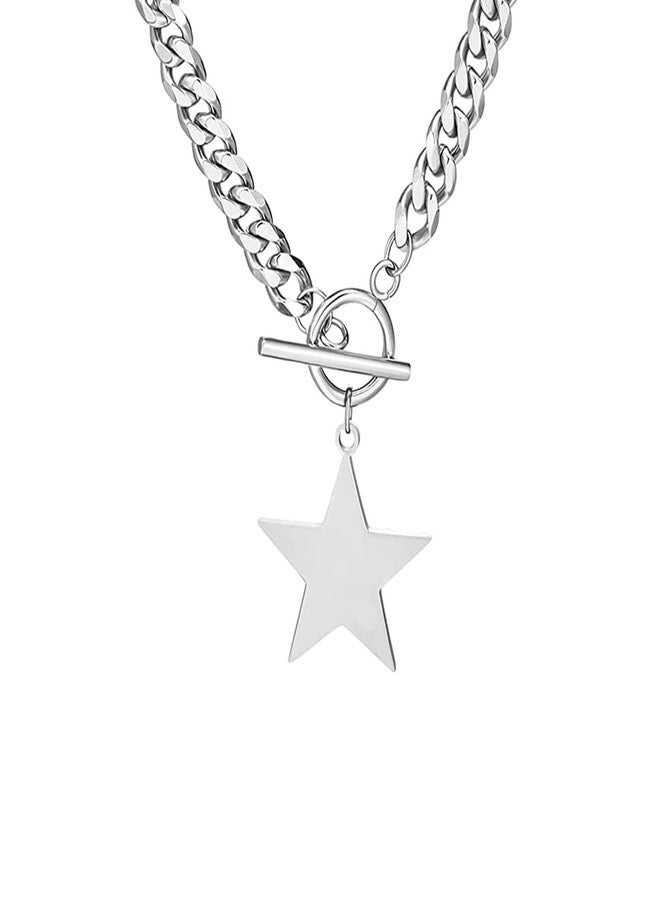 Aktully Silver Star Choker Necklace for Women - Stainless Steel Cuban Link With Toggle Clasp, Dainty Handmade Pendant Jewelry (Silver) - Image 1